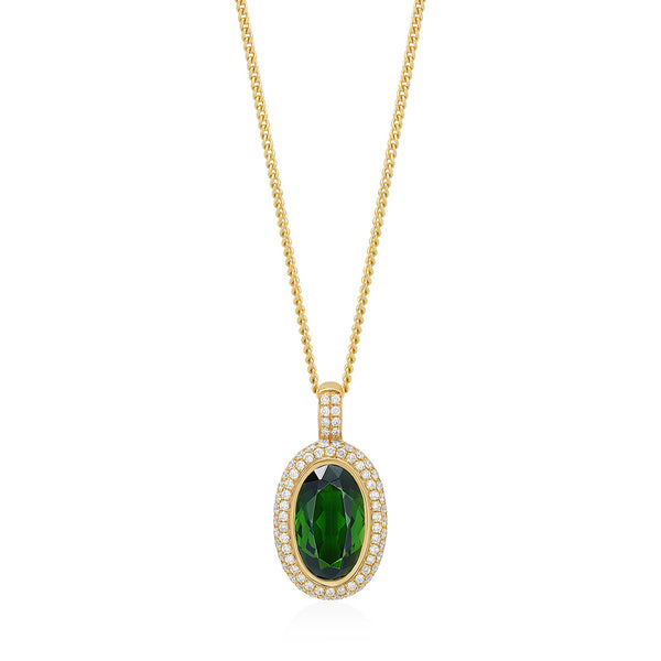18ct Yellow Gold Rub Set Oval Cut Green Tourmaline and Round Brilliant Cut Diamond Double Halo Cluster Pendant and Chain