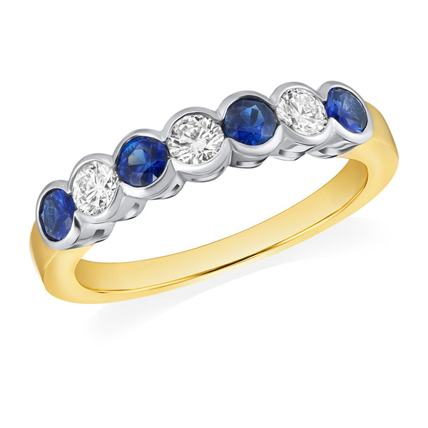 18ct Yellow Gold and Platinum Rub Set Round Cut Sapphire and Round Brilliant Cut Diamond Half Eternity Ring
