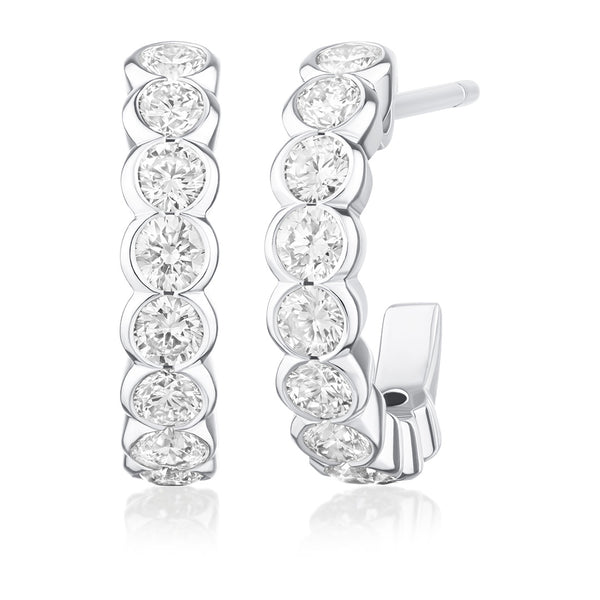18ct White Gold Rub Set Round Brilliant Cut Diamond Half Hoop Earrings