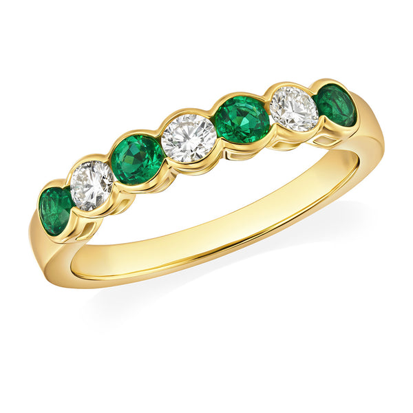 18ct Yellow Gold Rub Set Round Cut Emerald and Round Brilliant Cut Diamond Half Eternity Ring