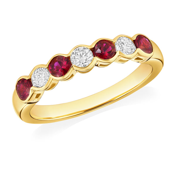 18ct Yellow Gold Rub Set Round Cut Ruby and Round Brilliant Cut Diamond Half Eternity Ring
