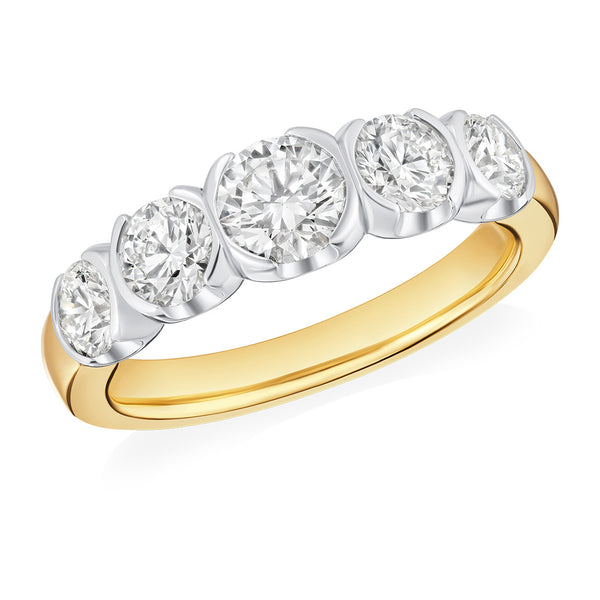 18ct Yellow Gold and Platinum Five Stone Graduated Semi Rub Set Round Brilliant Cut Diamond Ring