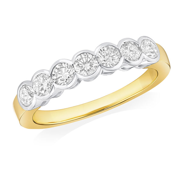 18ct Yellow Gold and Platinum Rub Set Round Brilliant Cut and Round Brilliant Cut Diamond Half Eternity Ring
