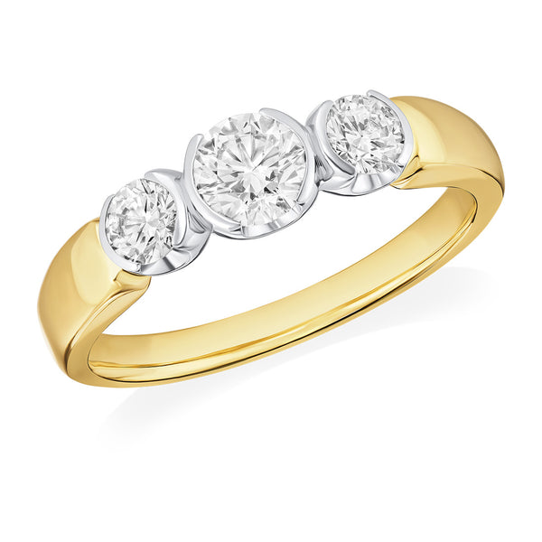 18ct Yellow Gold and Platinum Three Stone Graduated Semi Rub Set Round Brilliant Cut Diamond Ring