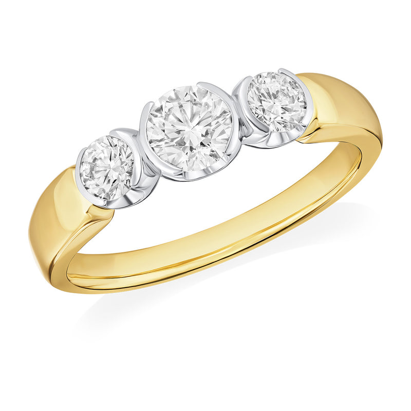 18ct Yellow Gold and Platinum Three Stone Graduated Semi Rub Set Round Brilliant Cut Diamond Ring