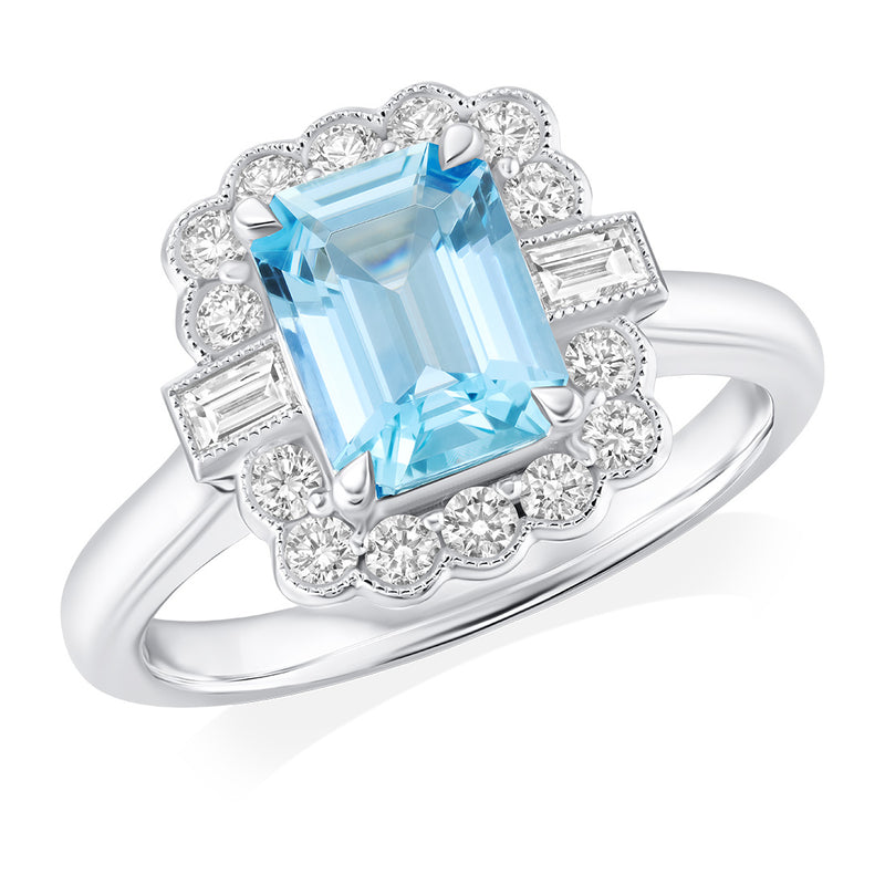 18ct White Gold Four Claw Set Emerald Cut Aquamarine and Baguette Cut, and Round Brilliant Cut Diamond Halo Cluster Ring