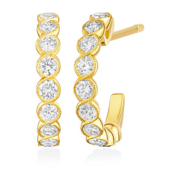 18ct Yellow Gold Polished Milgrain Edge Cup Set Round Brilliant Cut Diamond Half Hoop Earrings