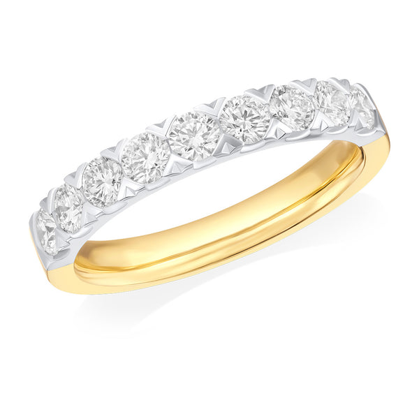 18ct Yellow Gold and Platinum Chevron Set Round Brilliant Cut Diamond Half Eternity Ring