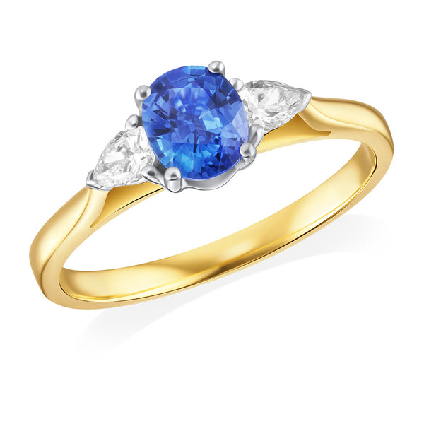 18ct Yellow and White Gold Three Stone Four Claw Set Oval Cut Sapphire and Pear Shaped Diamond Ring