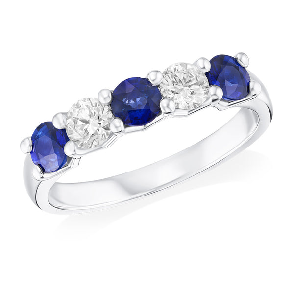 Platinum Four Claw Set Round Cut Sapphire and Round Brilliant Cut Diamond Half Eternity Ring