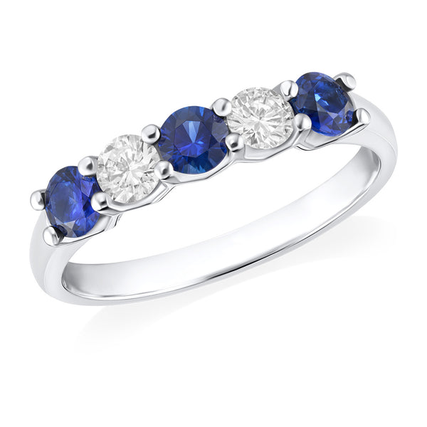 Platinum Four Claw Set Round Cut Sapphire and Round Brilliant Cut Diamond Half Eternity Ring