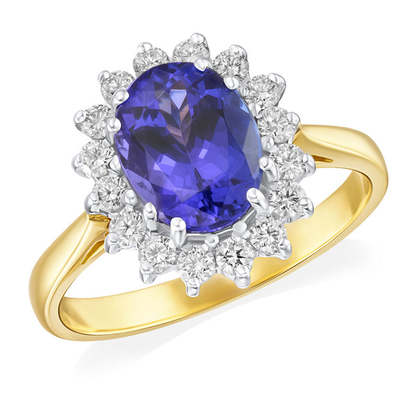 18ct Yellow and White Gold Eight Claw Set Oval Cut Tanzanite Diamond Halo Cluster Ring