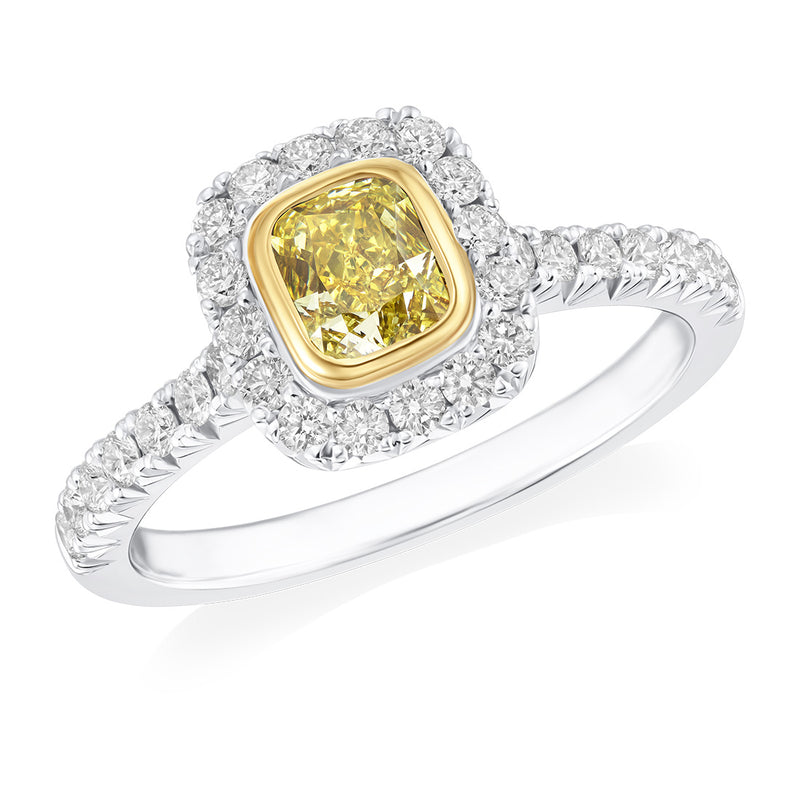 Platinum and 18ct Yellow Gold Rub Set Cushion Cut Natural Fancy Yellow Diamond and Round Brilliant Cut Diamond Halo Cluster Ring