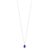 18ct White Gold Three Claw Set Pear Shaped Tanzanite and Round Brilliant Cut Diamond Halo Cluster Drop Pendant and Chain