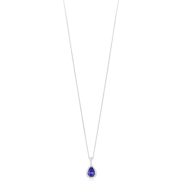 18ct White Gold Three Claw Set Pear Shaped Tanzanite and Round Brilliant Cut Diamond Halo Cluster Drop Pendant and Chain