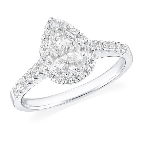 Platinum Three Claw Set Pear Shaped Diamond and Round Brilliant Cut Diamond Halo Cluster Ring