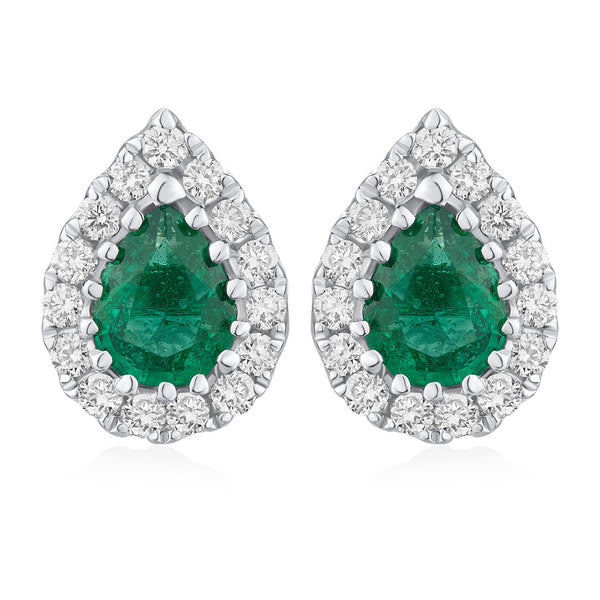 18ct White Gold Grain Set Pear Shaped Emerald and Round Brilliant Cut Diamond Halo Cluster Stud Earrings