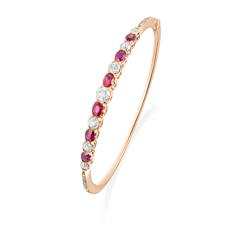 Antique Victorian Rose Gold Claw Set Oval Cut Ruby and Oval Cut Diamond Hinged Bangle