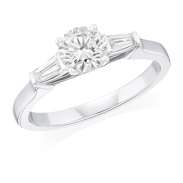 Platinum Three Stone Four Claw Set Round Brilliant Cut Diamond and Tapered Baguette Diamond Ring