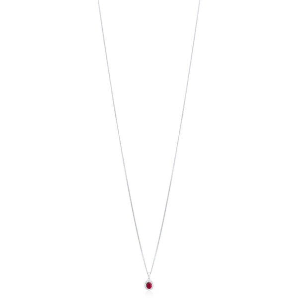 18ct White Gold Grain Set Oval Cut Ruby and Round Brilliant Cut Diamond Halo Cluster Pendant and Chain