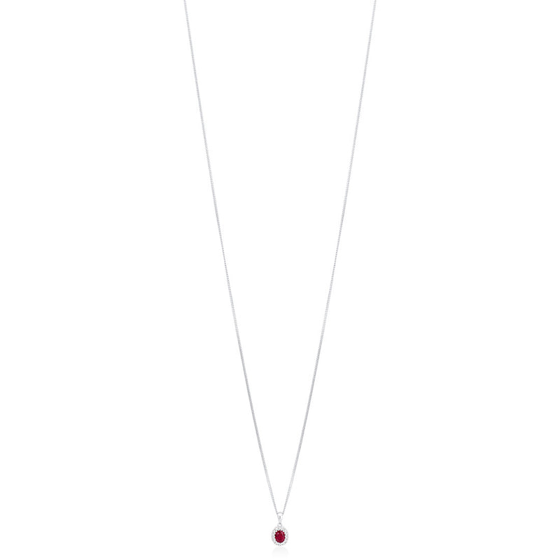 18ct White Gold Grain Set Oval Cut Ruby and Round Brilliant Cut Diamond Halo Cluster Pendant and Chain