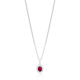 18ct White Gold Grain Set Oval Cut Ruby and Round Brilliant Cut Diamond Halo Cluster Pendant and Chain