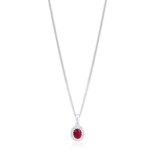 18ct White Gold Grain Set Oval Cut Ruby and Round Brilliant Cut Diamond Halo Cluster Pendant and Chain