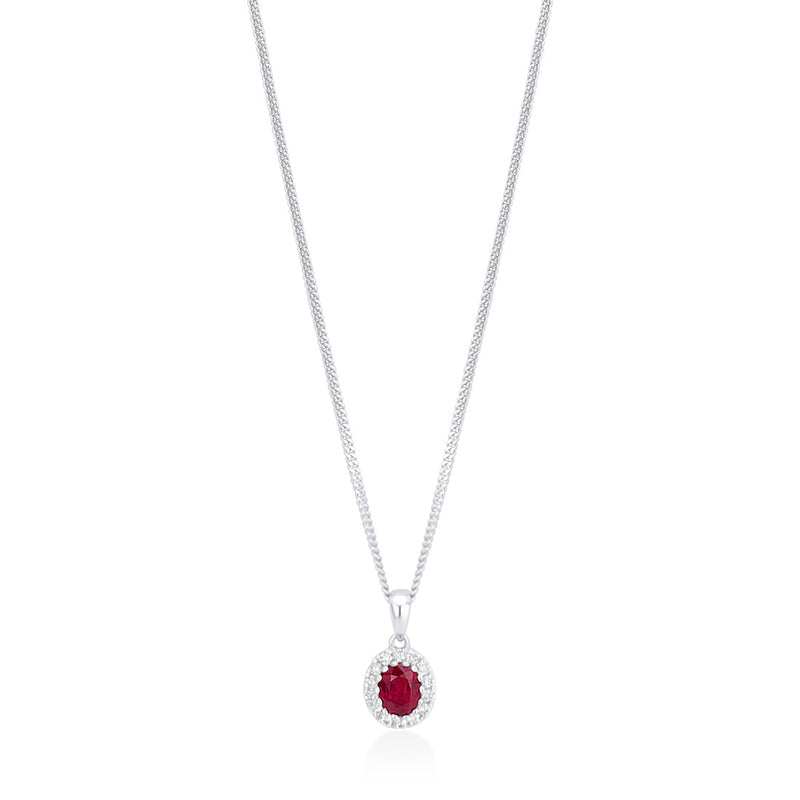 18ct White Gold Grain Set Oval Cut Ruby and Round Brilliant Cut Diamond Halo Cluster Pendant and Chain