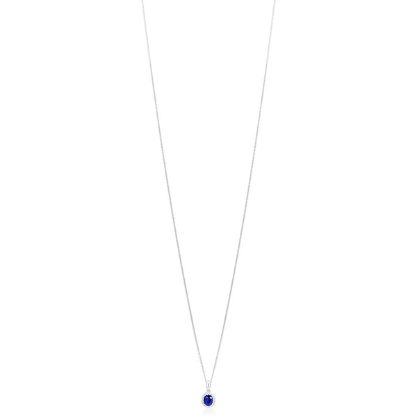 18ct White Gold Grain Set Oval Cut Sapphire and Round Brilliant Cut Diamond Halo Cluster Pendant and Chain