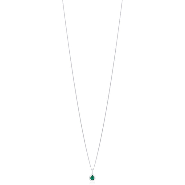 18ct White Gold Grain Set Pear Shaped Emerald and Round Brilliant Cut Diamond Halo Cluster Pendant and Chain