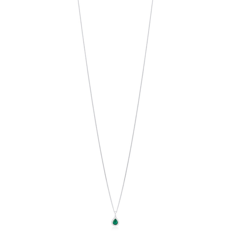 18ct White Gold Grain Set Pear Shaped Emerald and Round Brilliant Cut Diamond Halo Cluster Pendant and Chain
