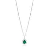 18ct White Gold Grain Set Pear Shaped Emerald and Round Brilliant Cut Diamond Halo Cluster Pendant and Chain