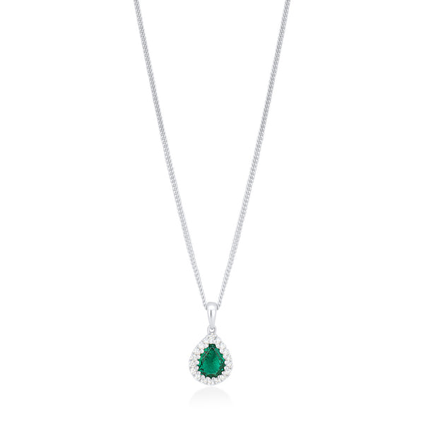 18ct White Gold Grain Set Pear Shaped Emerald and Round Brilliant Cut Diamond Halo Cluster Pendant and Chain