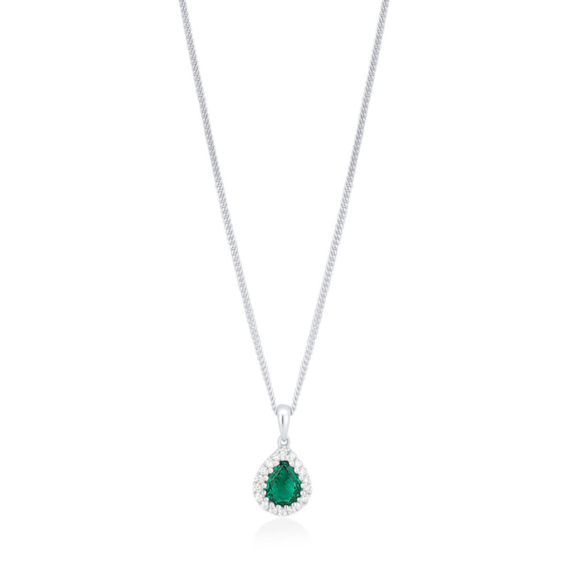 18ct White Gold Grain Set Pear Shaped Emerald and Round Brilliant Cut Diamond Halo Cluster Pendant and Chain