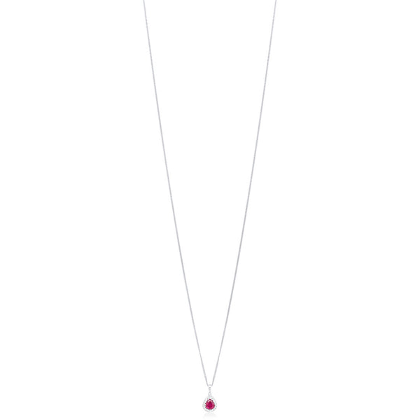 18ct White Gold Grain Set Pear Shaped Ruby and Round Brilliant Cut Diamond Halo Cluster Pendant and Chain