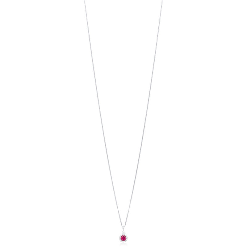 18ct White Gold Grain Set Pear Shaped Ruby and Round Brilliant Cut Diamond Halo Cluster Pendant and Chain