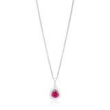 18ct White Gold Grain Set Pear Shaped Ruby and Round Brilliant Cut Diamond Halo Cluster Pendant and Chain