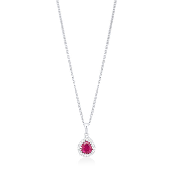 18ct White Gold Grain Set Pear Shaped Ruby and Round Brilliant Cut Diamond Halo Cluster Pendant and Chain