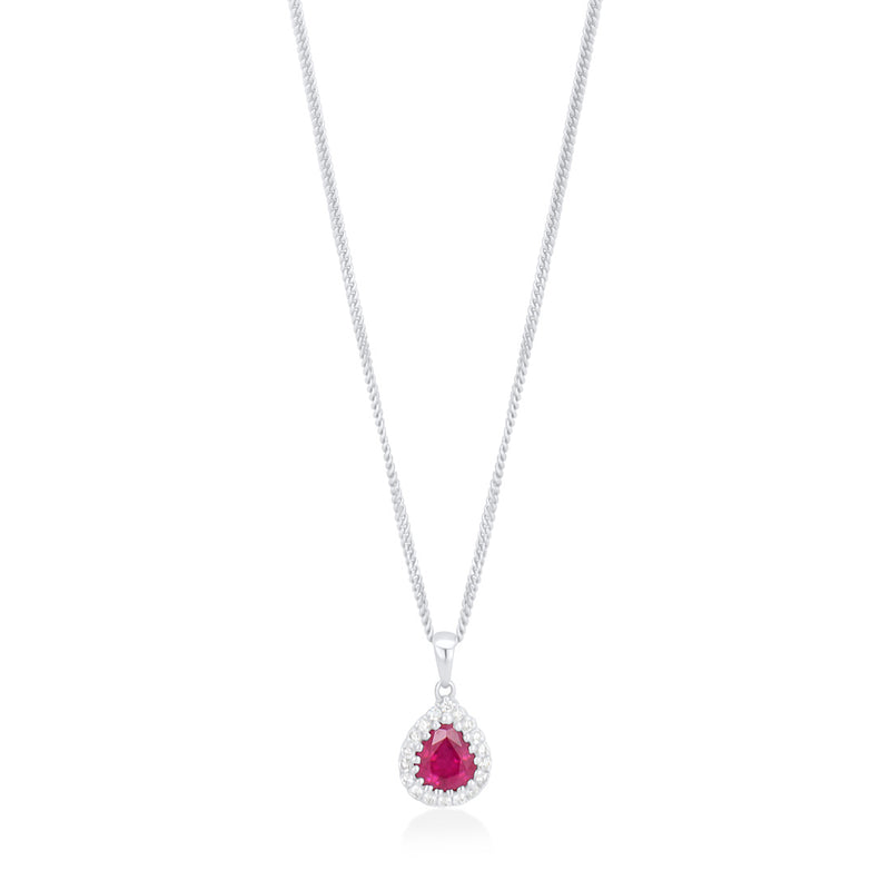 18ct White Gold Grain Set Pear Shaped Ruby and Round Brilliant Cut Diamond Halo Cluster Pendant and Chain