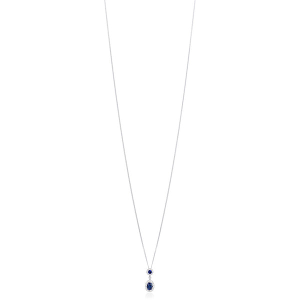 18ct White Gold Grain Set Oval Cut Sapphire and Round Brilliant Cut Diamond Halo Cluster Drop Pendant and Chain