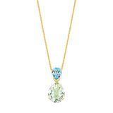 18ct Yellow Gold Four Claw Set Pear Shaped Green Amethyst and Pear Shaped Blue Topaz and Diamond Drop Pendant and Chain