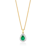 18ct Yellow and White Gold Three Claw Set Pear Shaped Emerald and Round Brilliant Cut Diamond Drop Pendant and Chain
