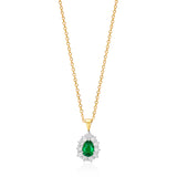 18ct Yellow Gold and Platinum Three Claw Set Pear Shaped Emerald and Round Brilliant Cut Diamond Drop Pendant and Chain