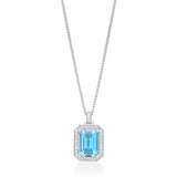 18ct White Gold Claw Set Emerald Cut Aquamarine and Round Brilliant Cut Diamond Halo Cluster Pendant and Chain