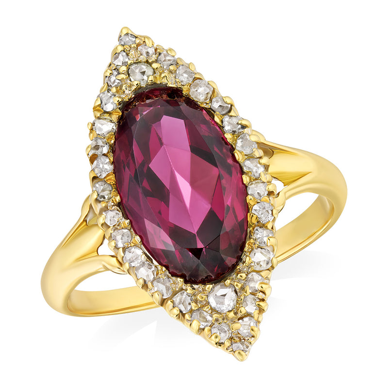 Antique Victorian Yellow Gold Grain Set Long Oval Cut Garnet and Rose Cut Diamond Cluster Ring