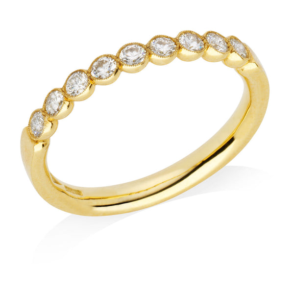 18ct Yellow Gold Milgrain Edge Cup Set Round Brilliant Cut Diamond Half Eternity Ring