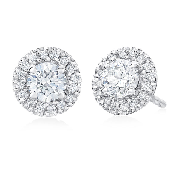 18ct White Gold Four Claw Set Round Brilliant Cut Diamond Halo Cluster Stud Earrings