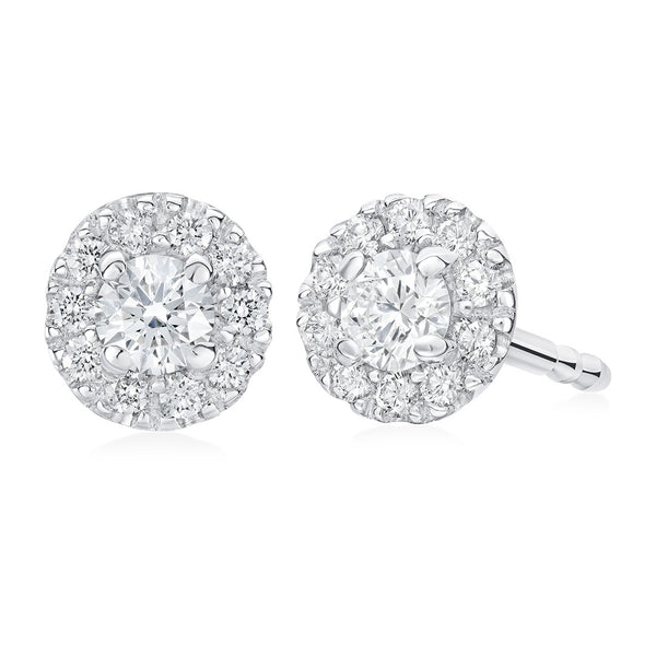 18ct White Gold Four Claw Set Round Brilliant Cut Diamond Halo Cluster Stud Earrings