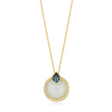 18ct Yellow Gold Rub Set Cabochon Cut Moonstone and Pear Shaped London Blue Topaz Halo Cluster Pendant and Chain