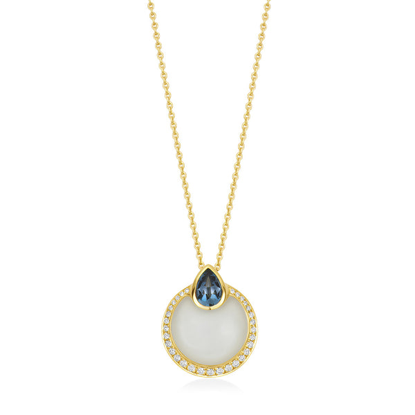 18ct Yellow Gold Rub Set Cabochon Cut Moonstone and Pear Shaped London Blue Topaz Halo Cluster Pendant and Chain
